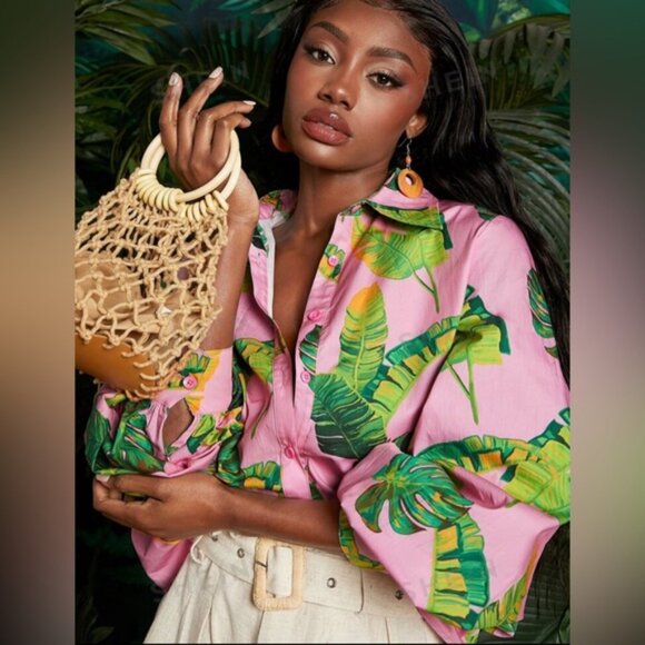 Cotton Tropical Vibe Pink Blouse with Green Leaf Print oversized sleeve 💗✨✨✨ - Picture 1 of 8